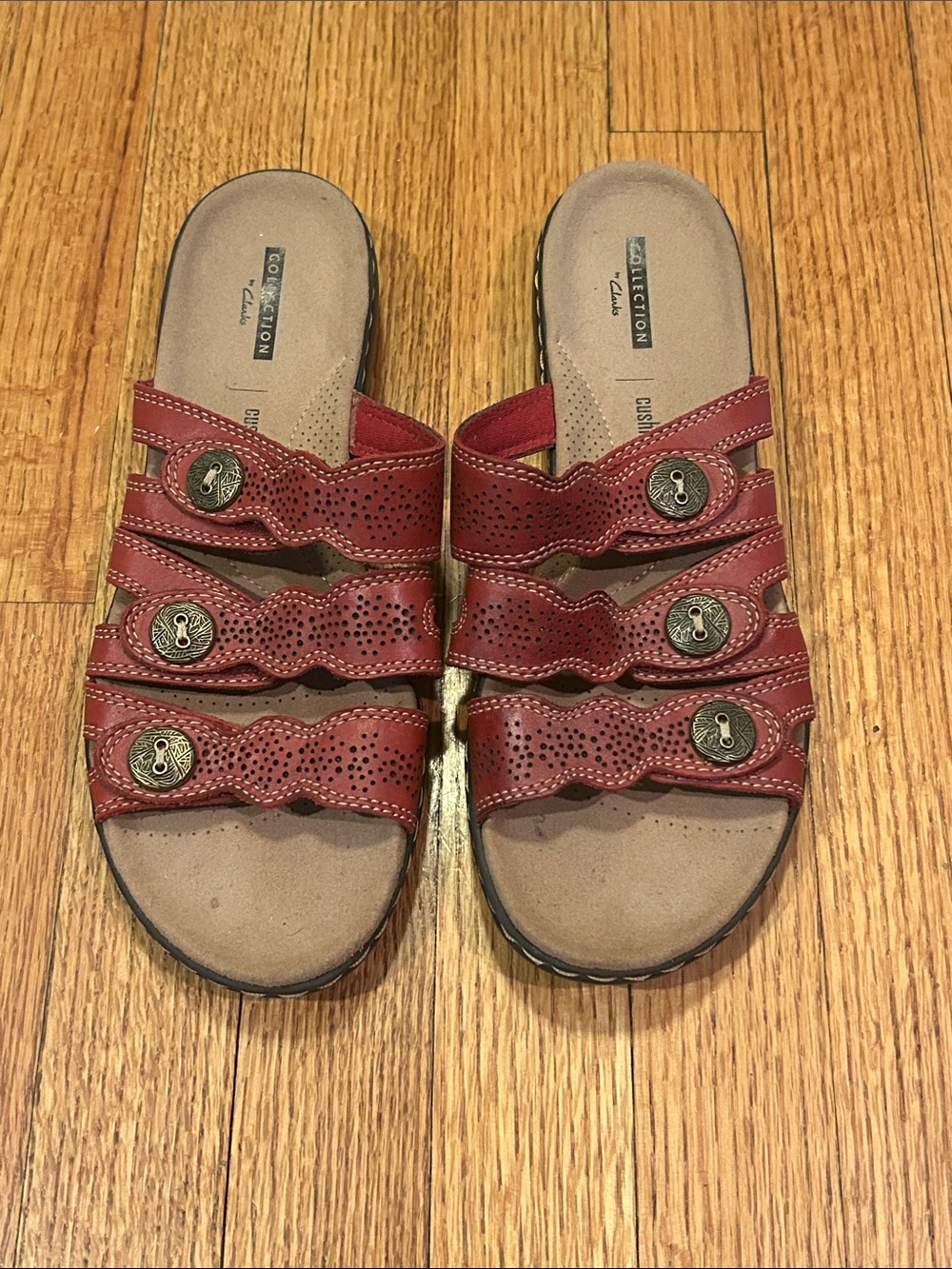 Clarks Red Leather Slide Sandals